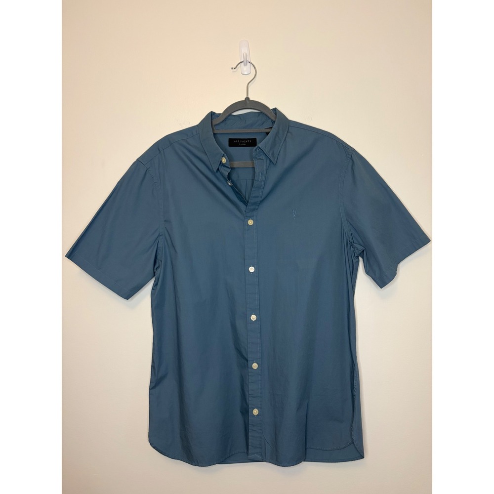 AllSaints Riviera Short Sleeve Shirt Mens XL Blue Organic Cotton Button Down New